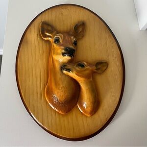 Vintage Chalkware Resin Deer and Fawn Wall Plaque Mid Century Woodland Art